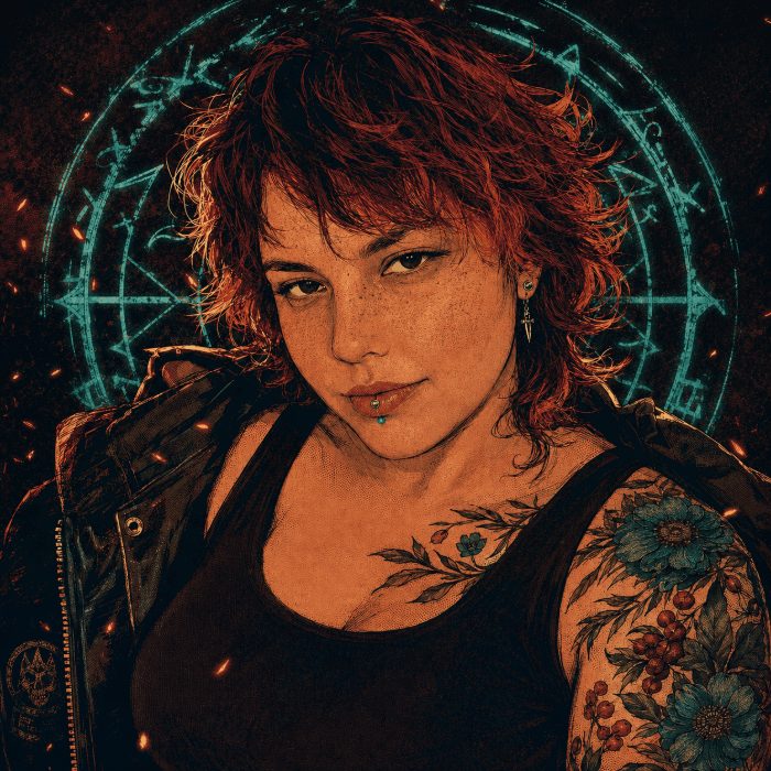 Kai Lark — engraved portrait with a teal sigil